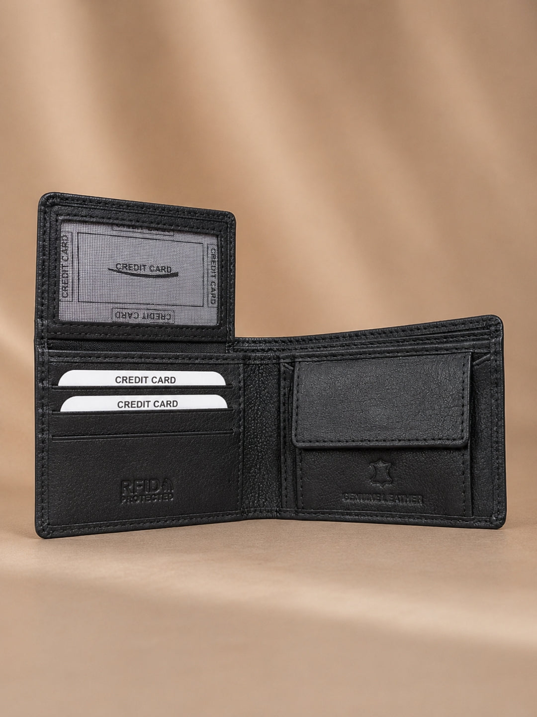 Twin Stich Goat Leather wallet black  straight line 