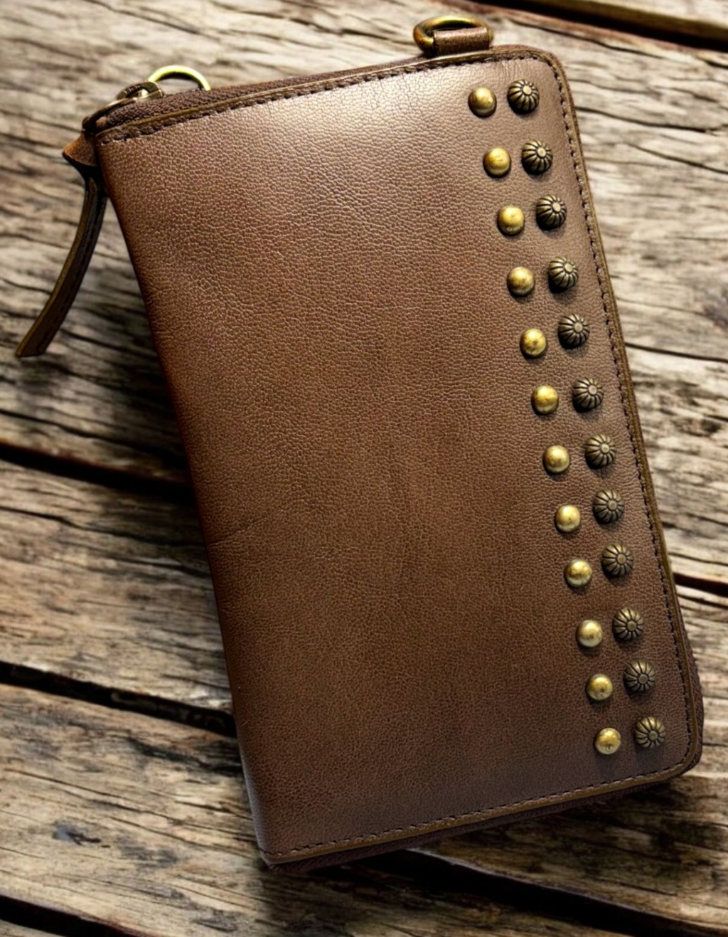 Women’s Brown Leather Zip Wallet with Stud Detailing