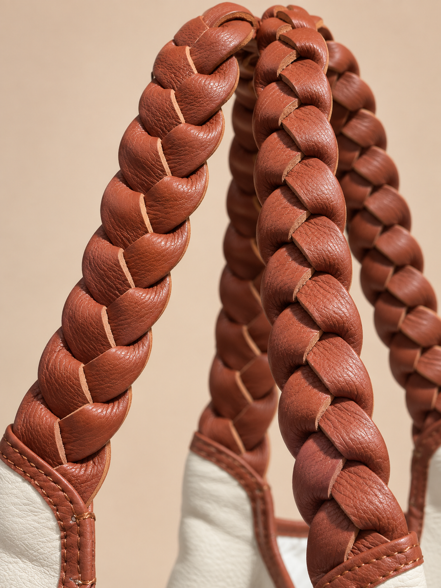 Braided Leather Tote Bag BROWN AND WHITE
