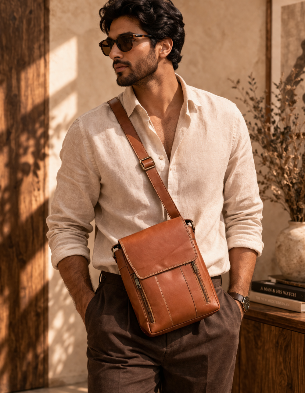 mens sling bags brown