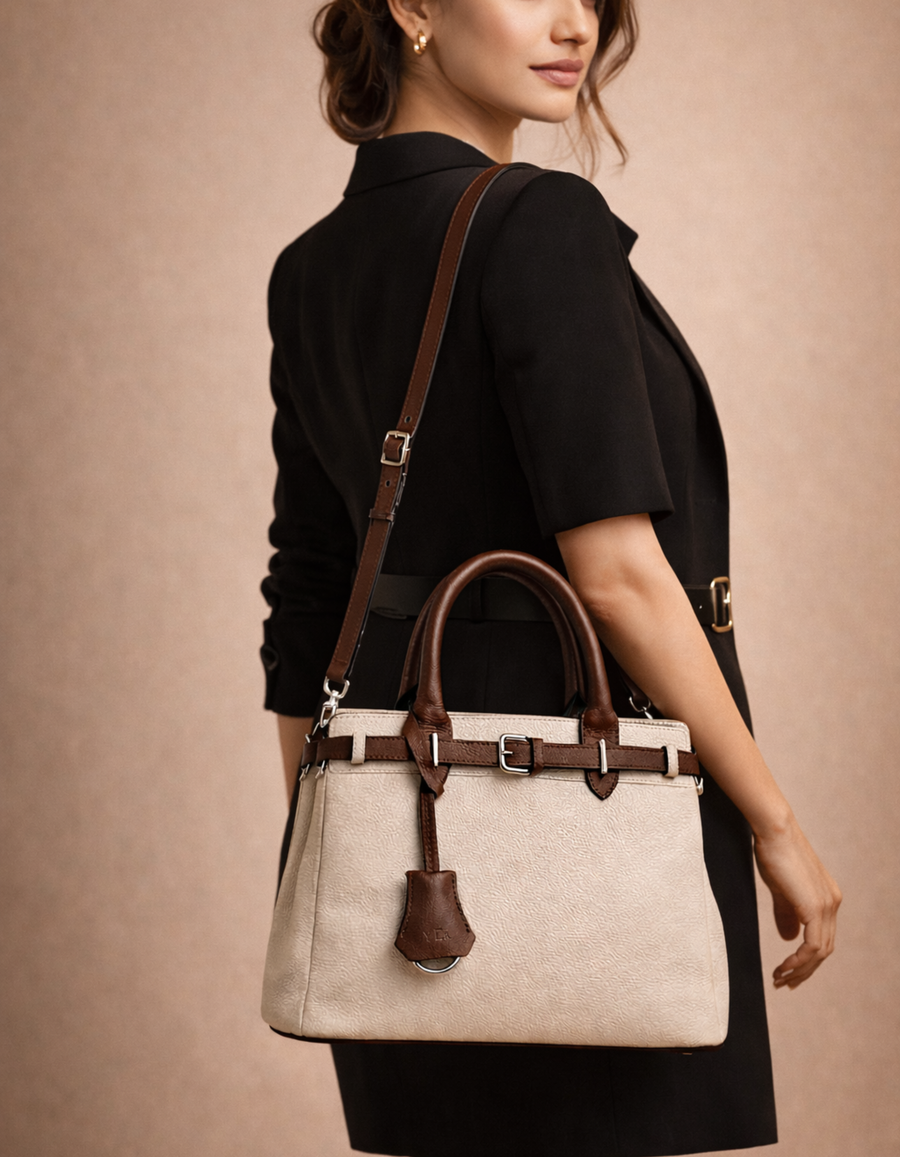 white and brown handbag