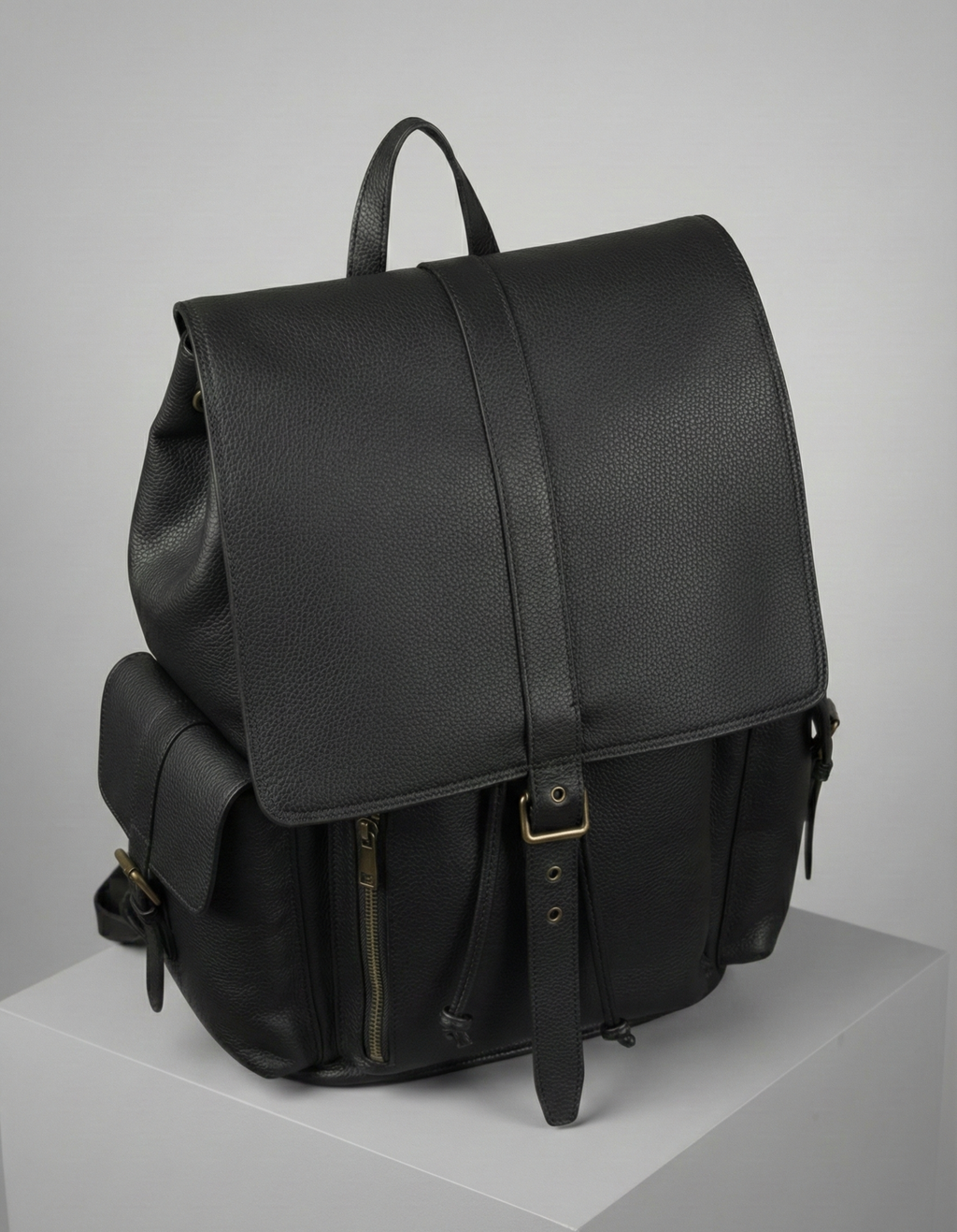 Unisex Black Genuine Leather Backpack with Front Pockets