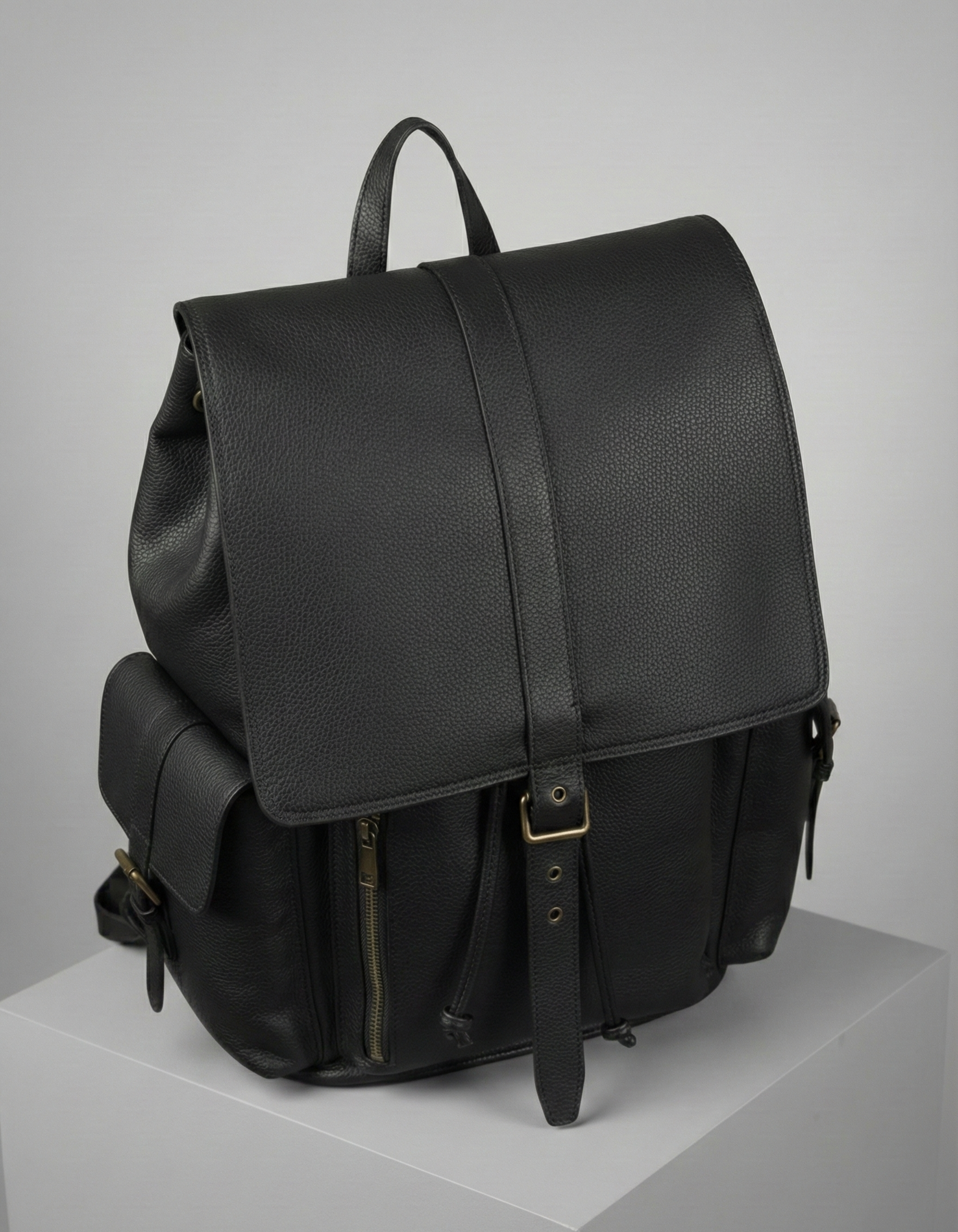 Unisex Black Genuine Leather Backpack with Front Pockets