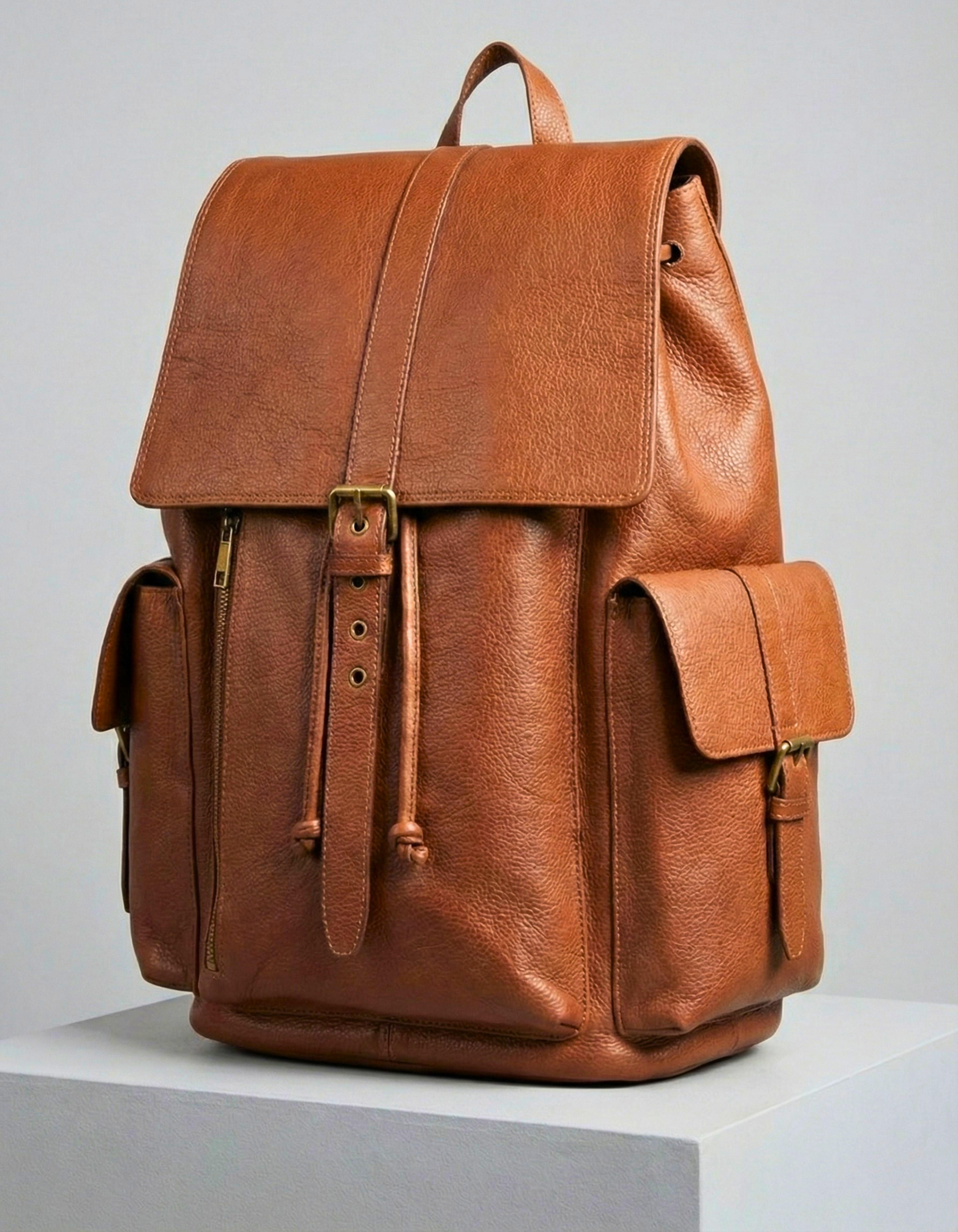 Tan Brown Genuine Leather Drawstring Backpack with Front Pockets