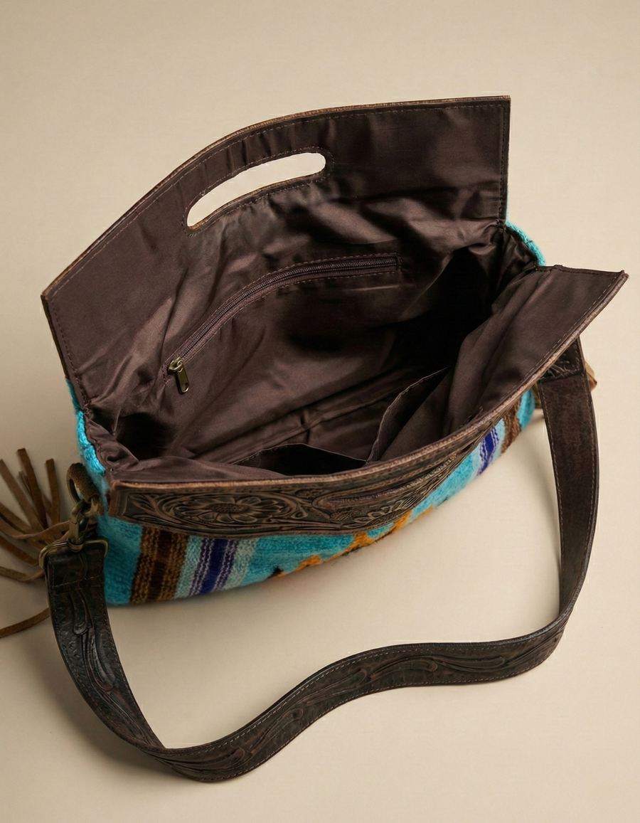Artisan Handtooled Leather Tribal Woven Fringe Tote Bag – Turquoise