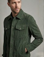 Premium Green Suede Leather Jacket for Men – Classic Trucker Style