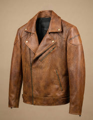 Men’s TOP Grained Leather Biker Jacket – Classic Brown NDM Leather Biker Jacket