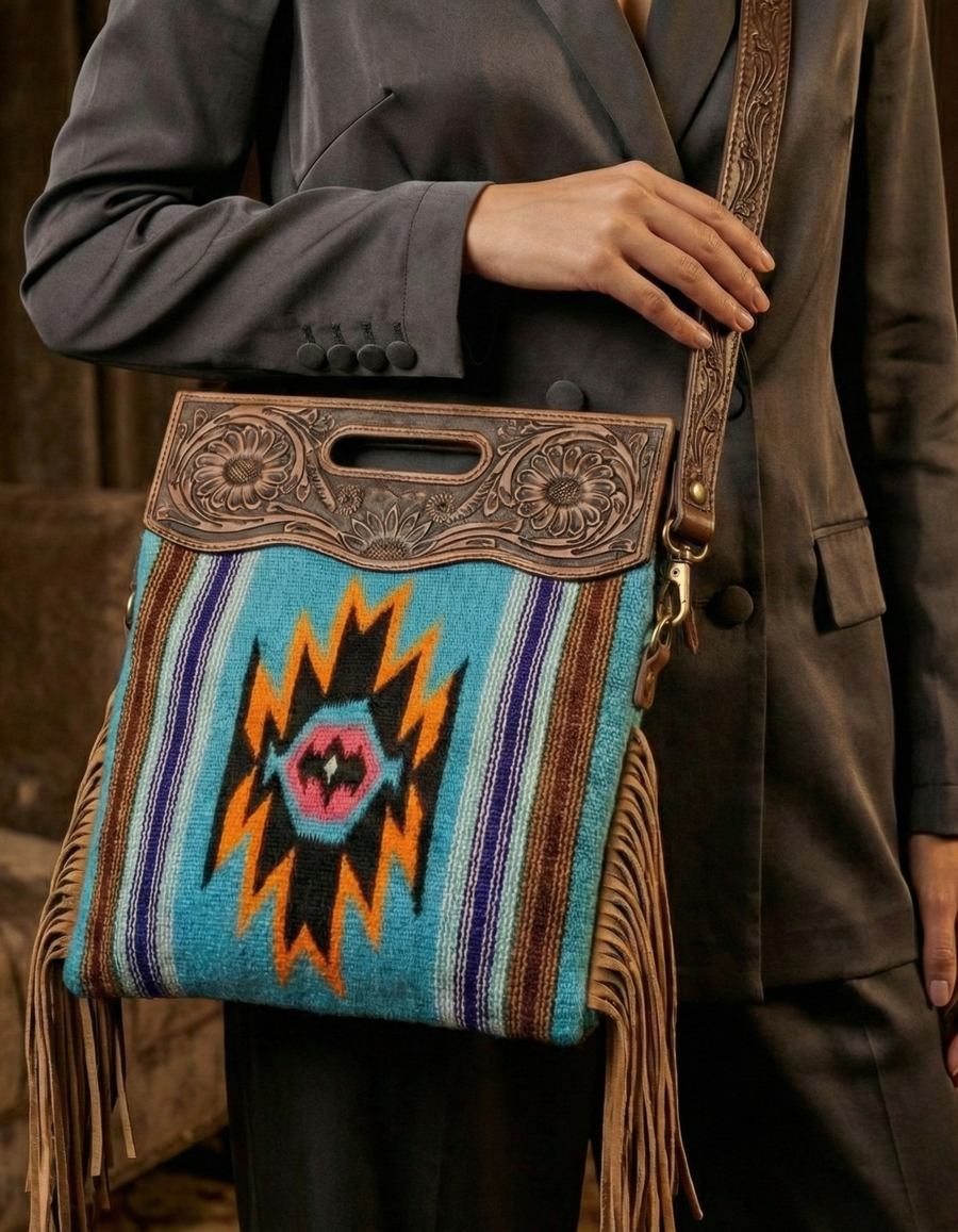 Artisan Handtooled Leather Tribal Woven Fringe Tote Bag – Turquoise
