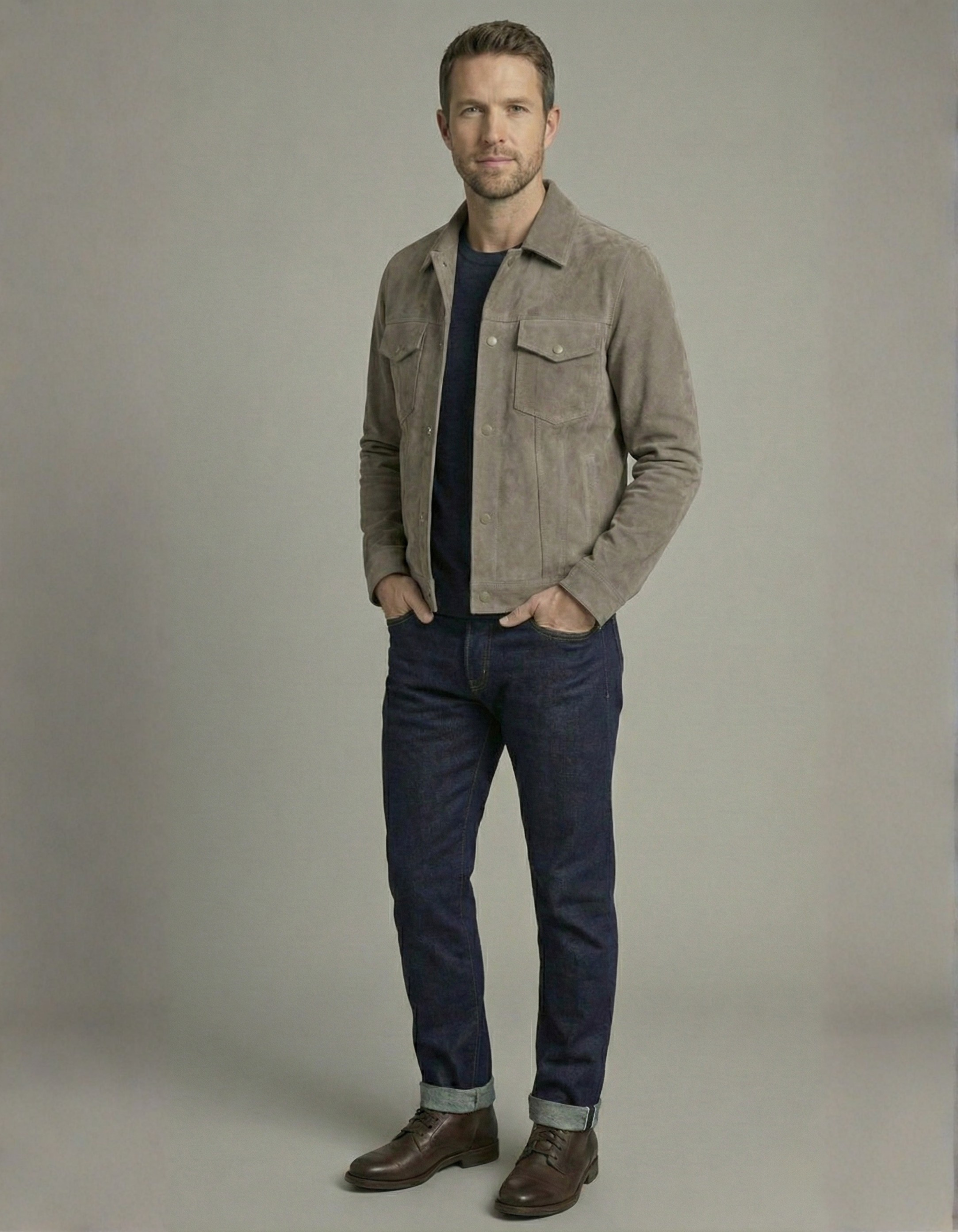 Premium Stone Grey Suede Leather Jacket for Men – Classic Trucker Style