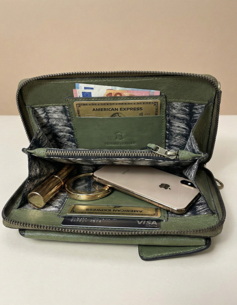 Women’s Olive Green Studded Leather Telephone Clutch Wallet