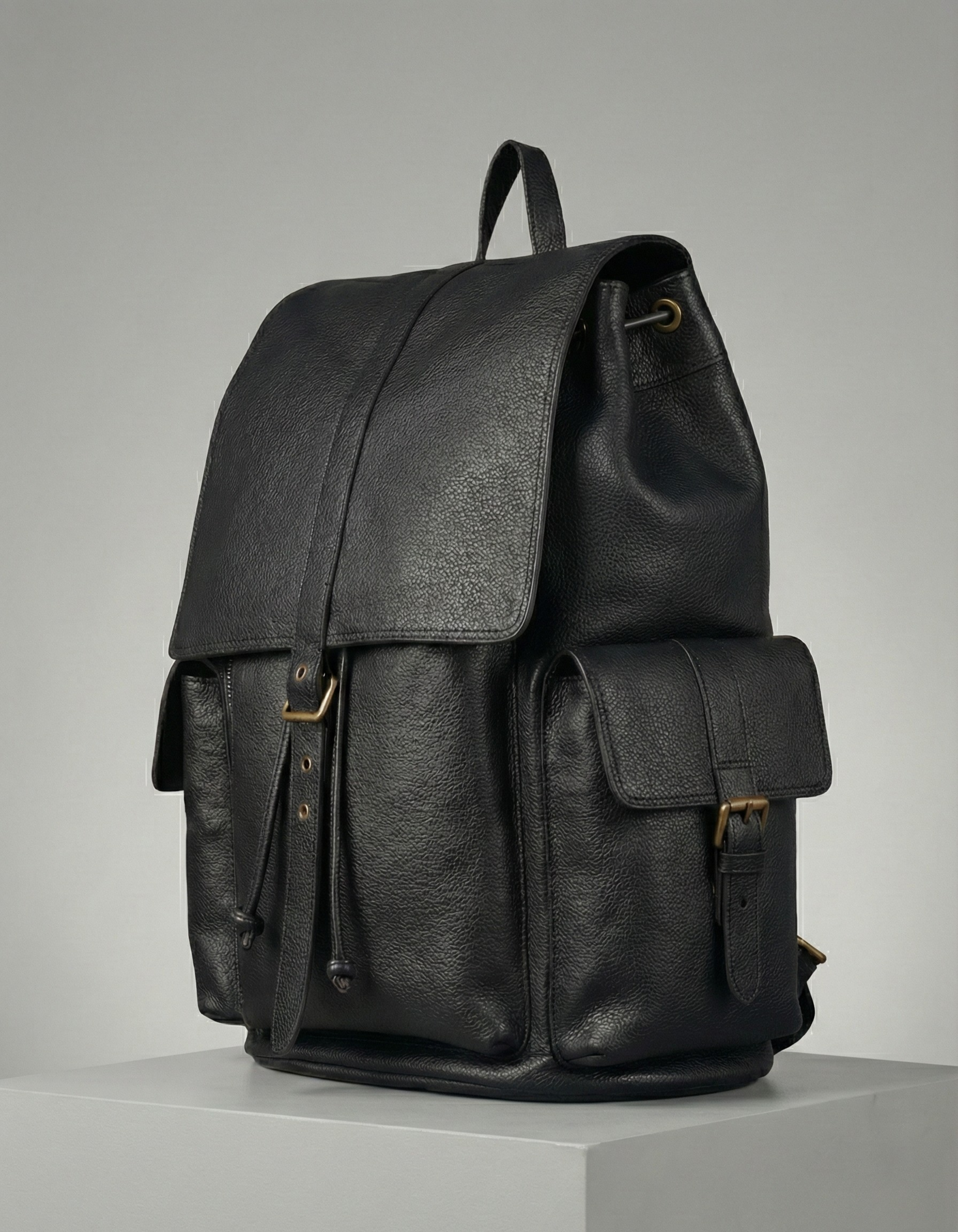 Unisex Black Genuine Leather Backpack with Front Pockets