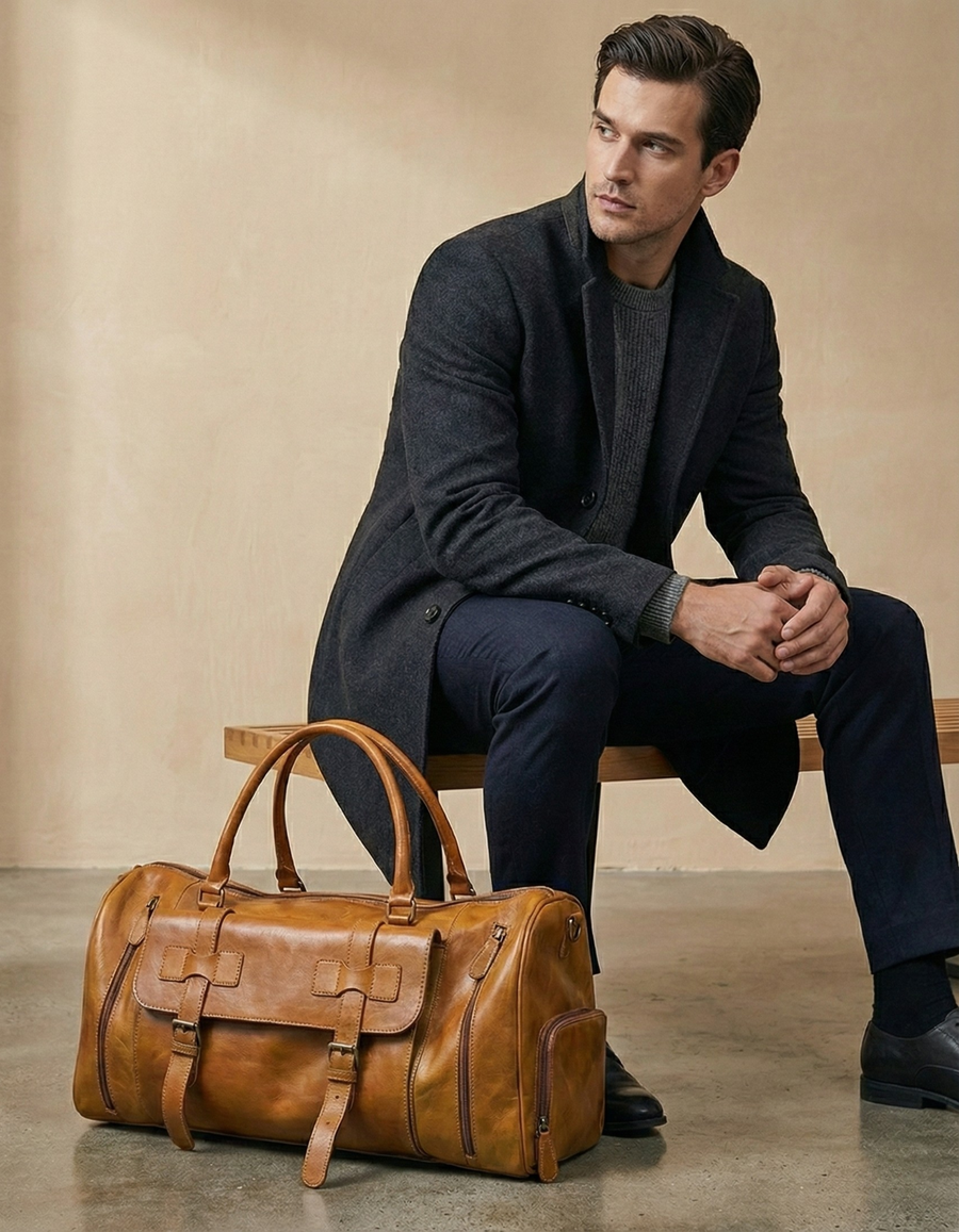 Premium Leather Duffel Bag for Travel – Brown