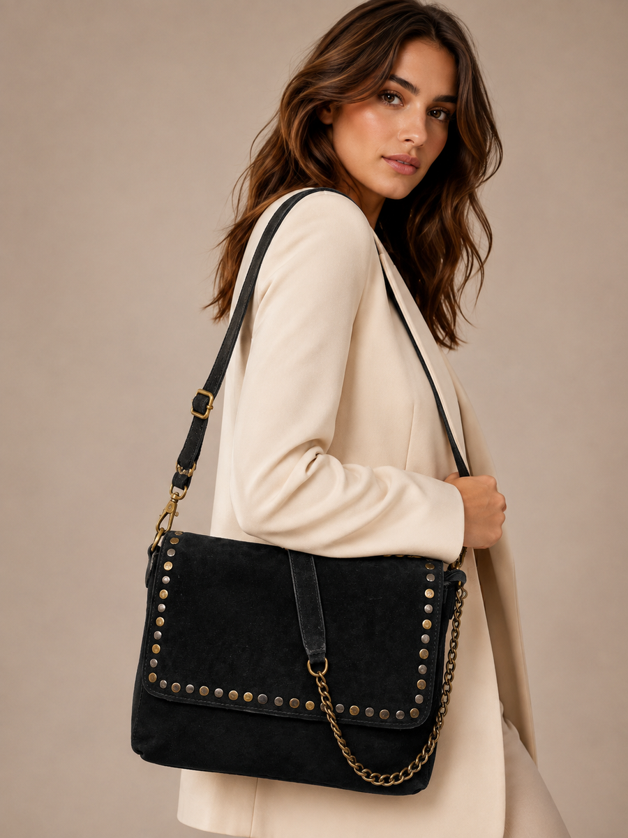 Black Studded Leather Sling Bag