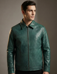 Premium Green Crocodile Texture Leather Jacket for Men