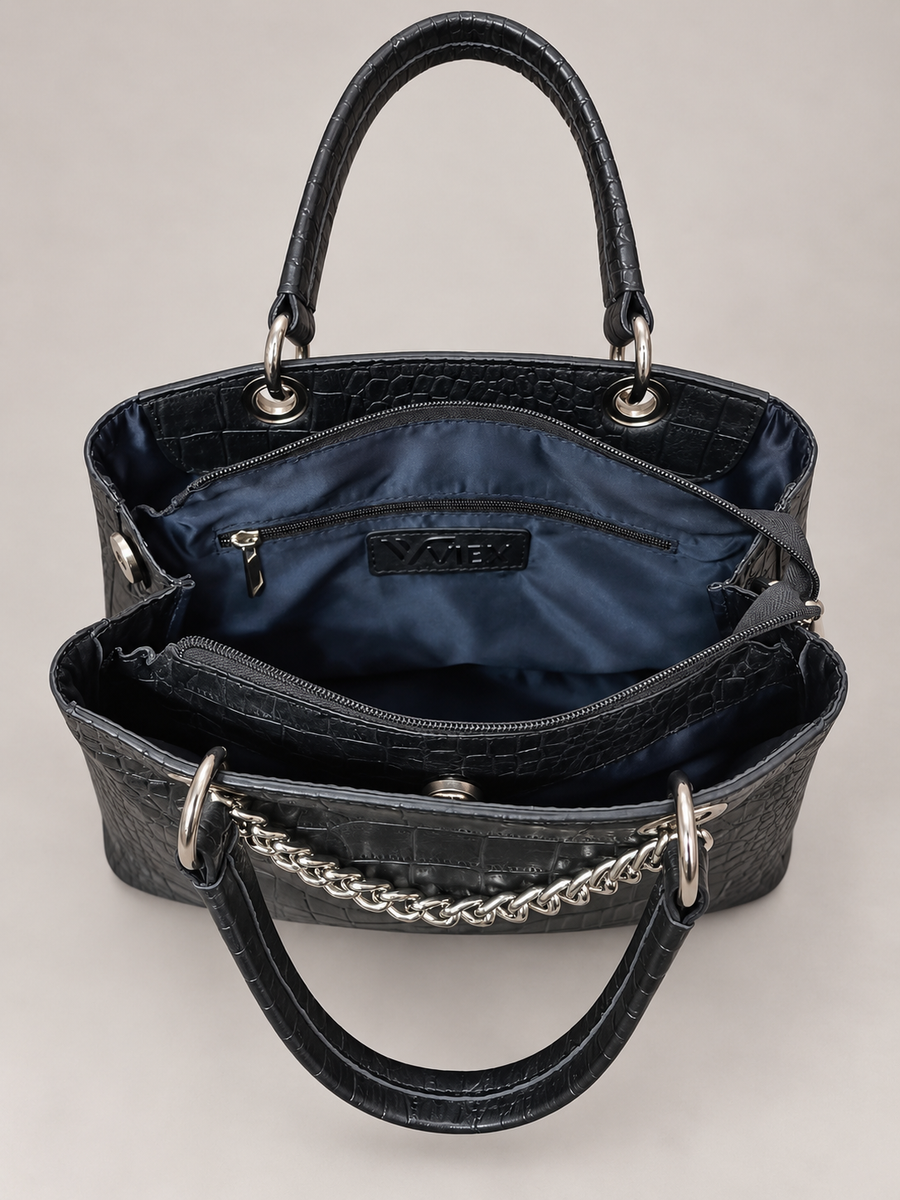 Women Black Croc Texture Handbag