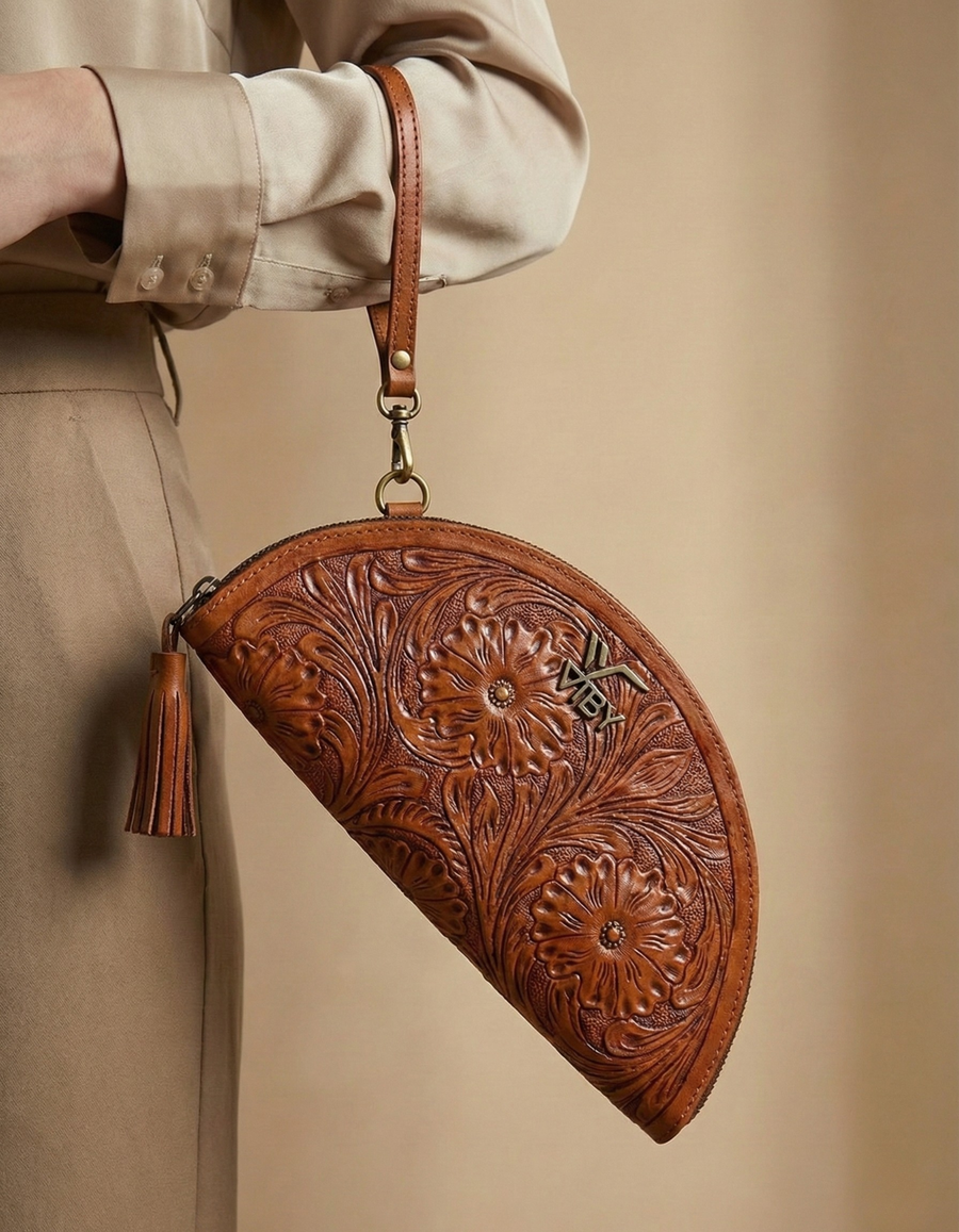 Handcrafted Tan Brown Tooled Leather Wristlet Clutch for Women