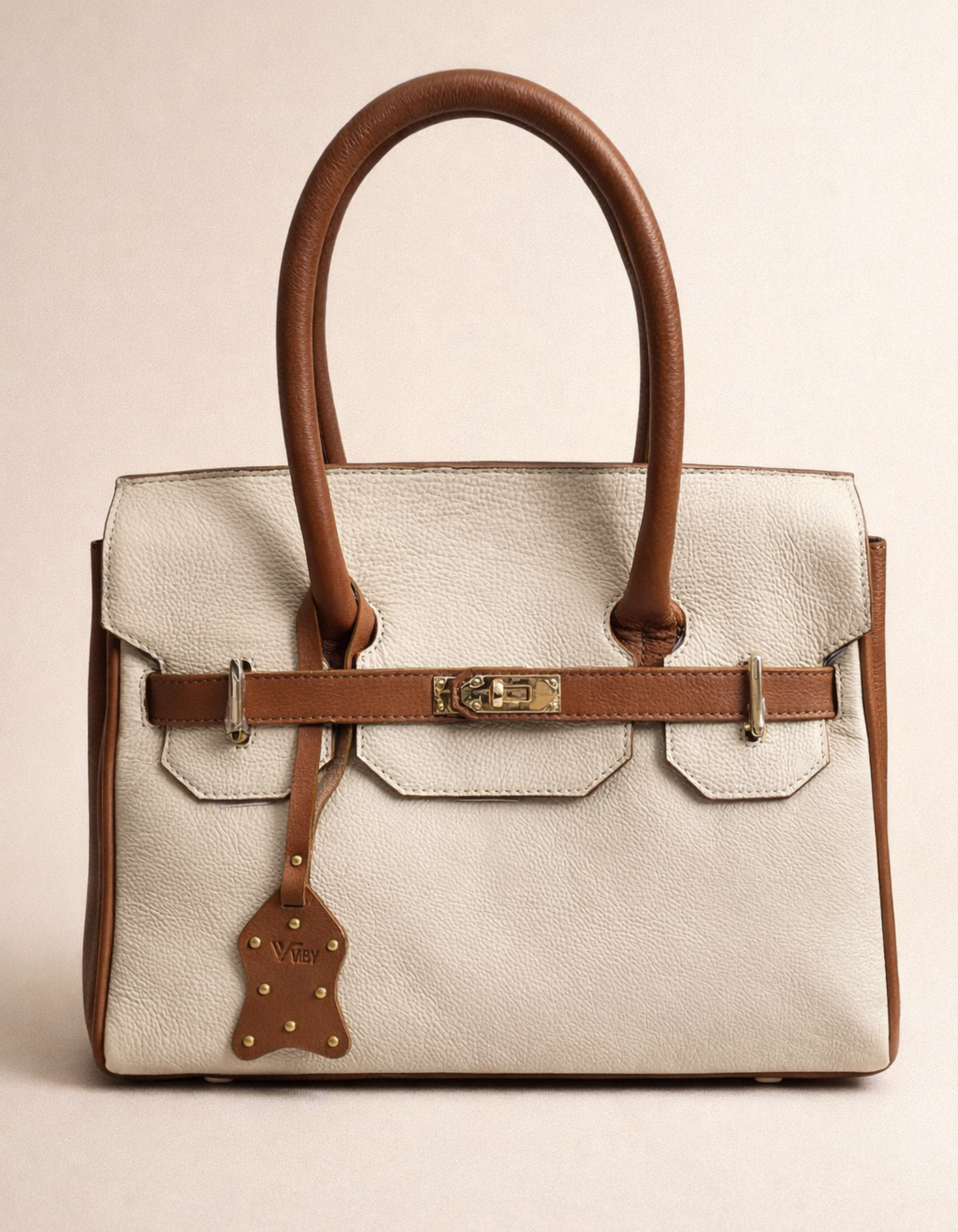 Luxury Two-Tone Genuine Leather Handbag for Women – Beige & Tan