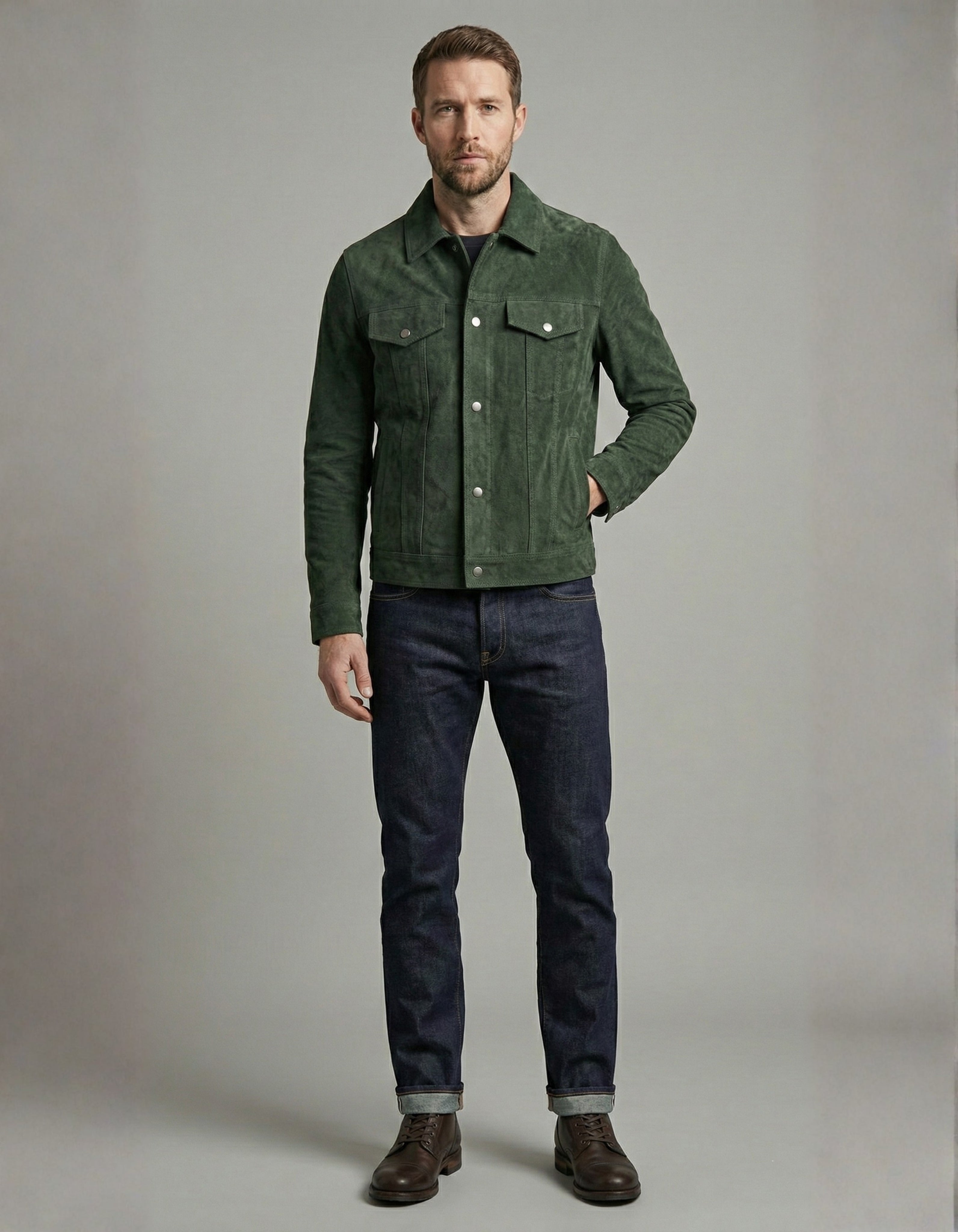Premium Green Suede Leather Jacket for Men – Classic Trucker Style