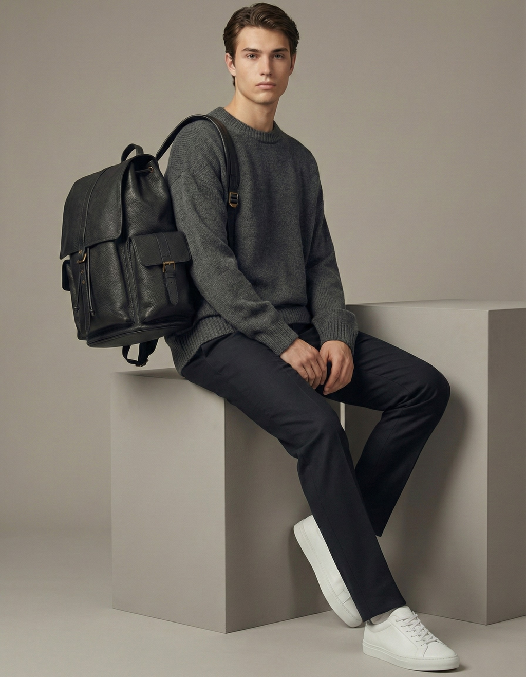 Unisex Black Genuine Leather Backpack with Front Pockets