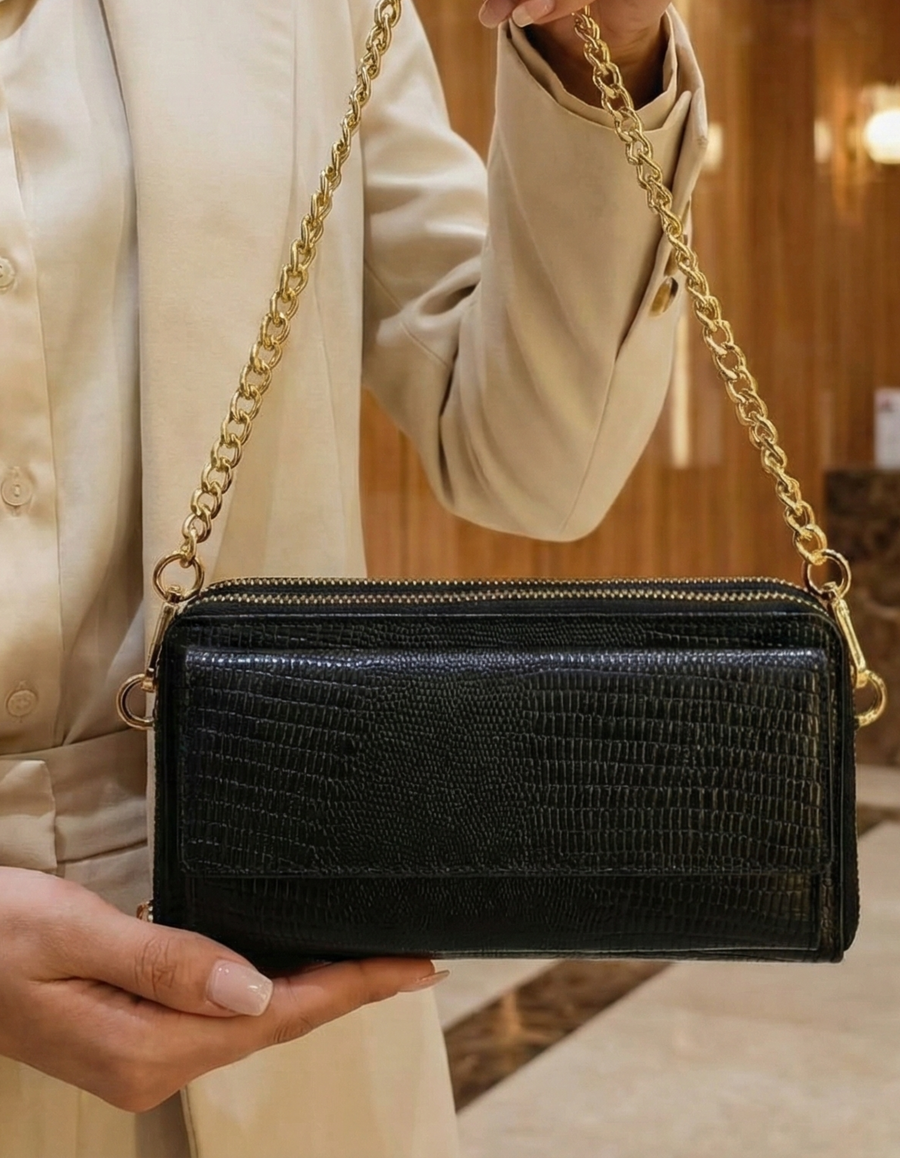 Women’s Black Croc-Embossed Leather Zip Wallet with Chain Strap
