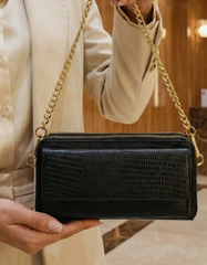 Women’s Black Croc-Embossed Leather Zip Wallet with Chain Strap