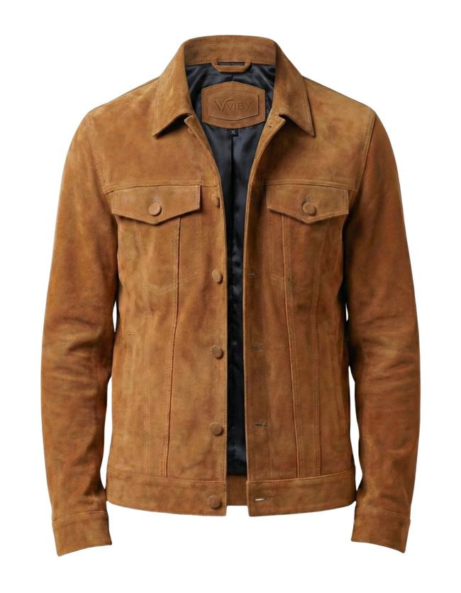 Men’s Tan Suede Leather Jacket – Premium Trucker Style Hover Image