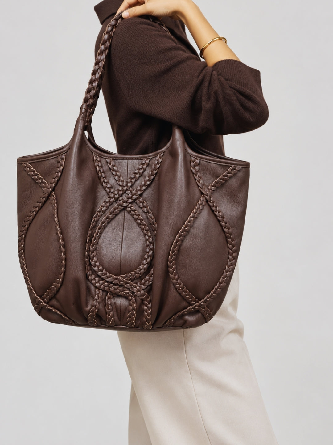 Braided Leather Tote Bag BROWN