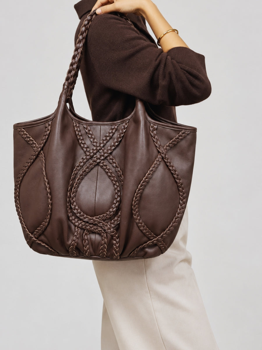 Braided Leather Tote Bag BROWN
