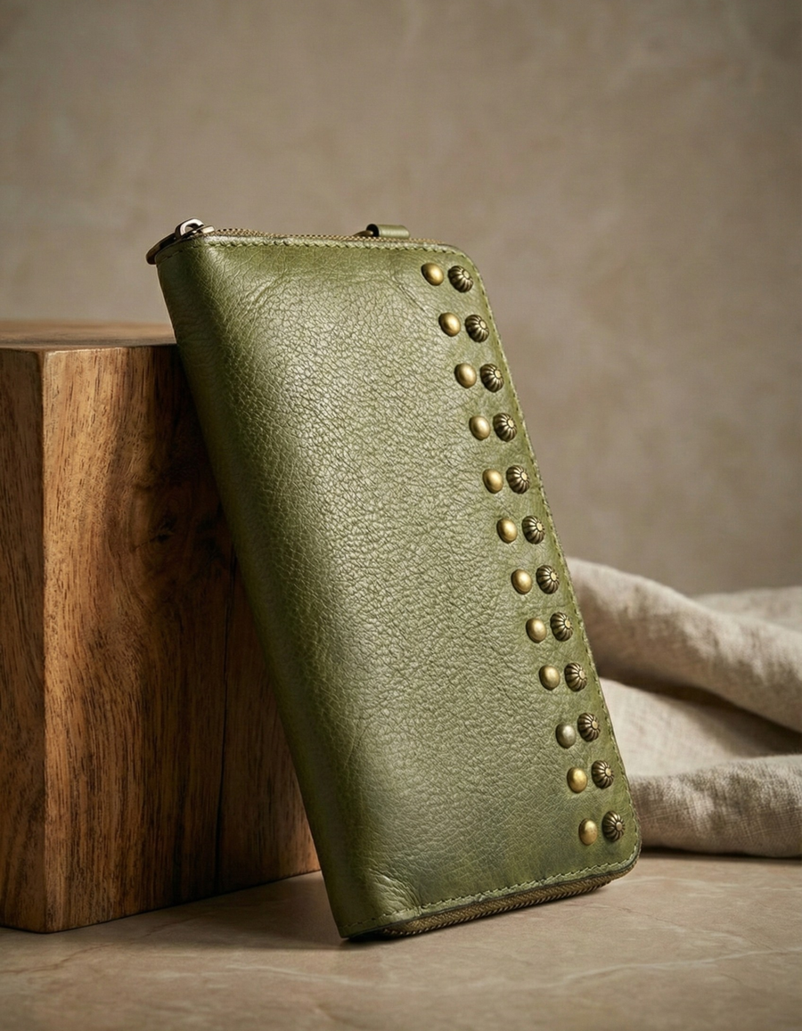 Women’s Olive Green Studded Leather Telephone Clutch Wallet