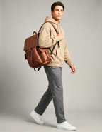 Tan Brown Genuine Leather Drawstring Backpack with Front Pockets