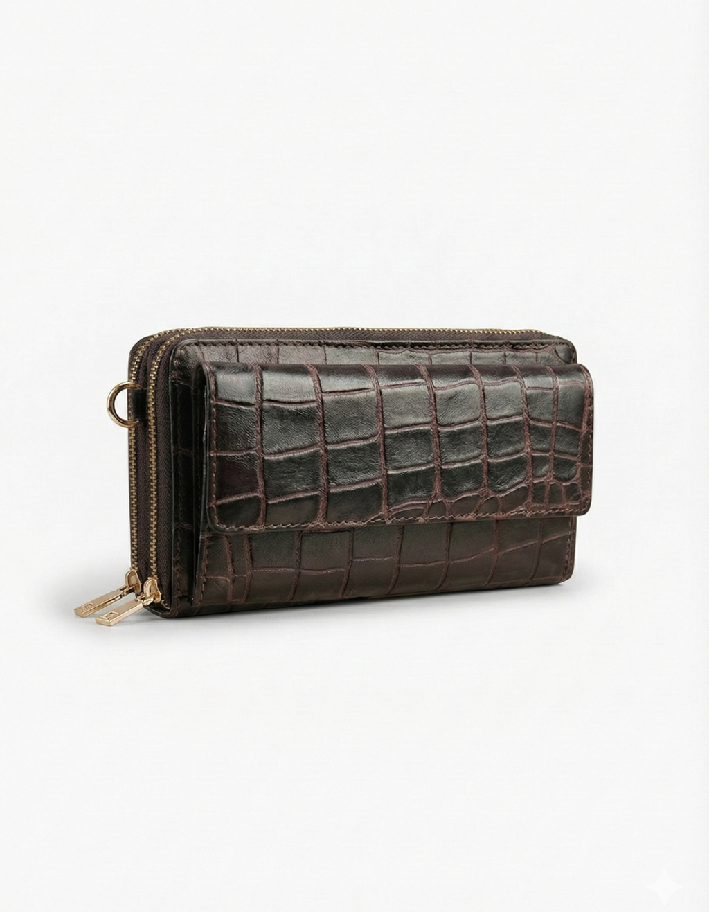 Women’s Dark Brown Croc-Embossed Leather Zip Wallet Clutch