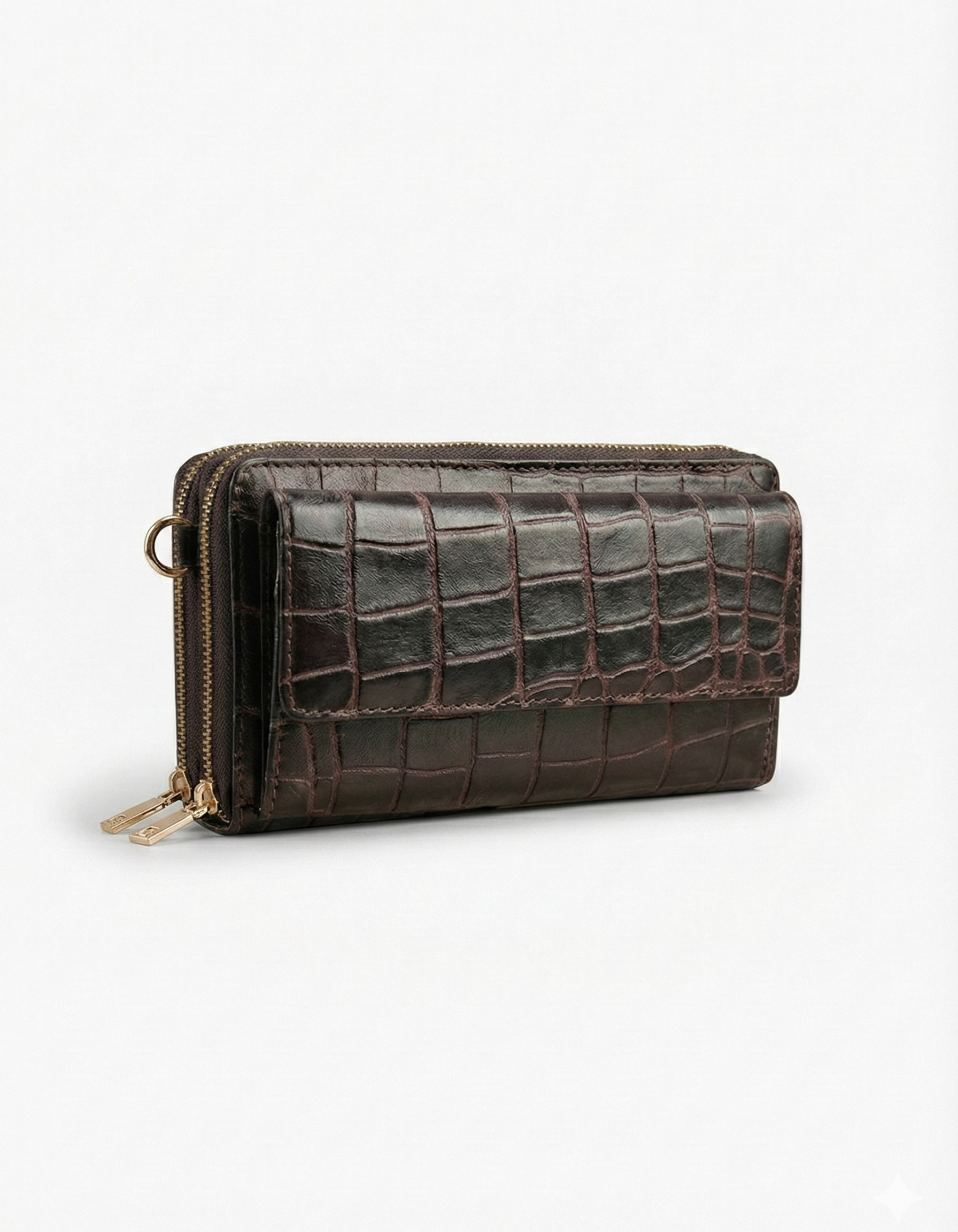 Women’s Dark Brown Croc-Embossed Leather Zip Wallet Clutch