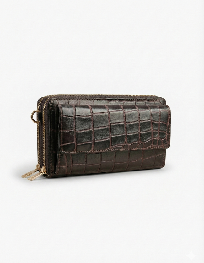 Women’s Dark Brown Croc-Embossed Leather Zip Wallet Clutch Hover Image