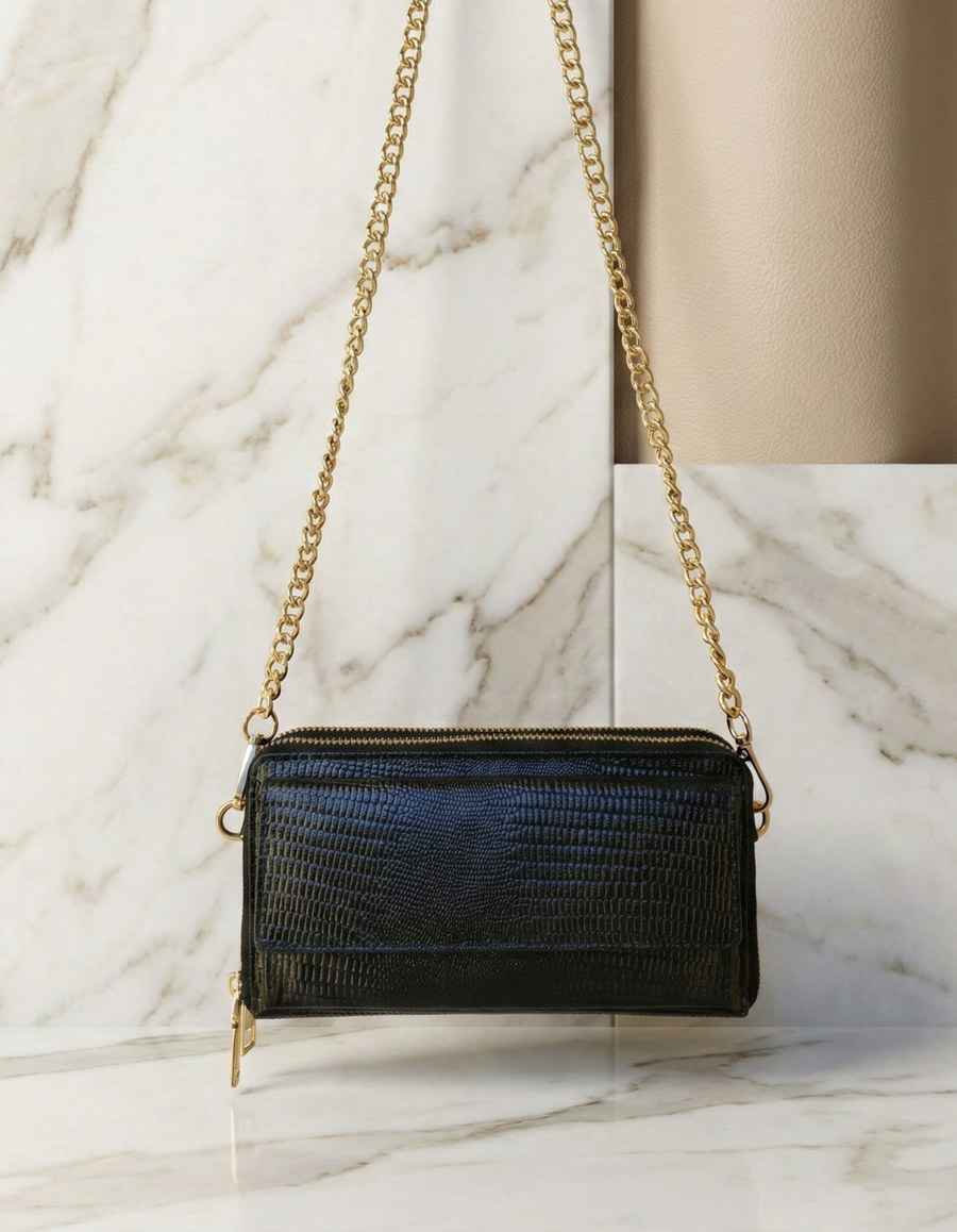 Women’s Black Croc-Embossed Leather Zip Wallet with Chain Strap