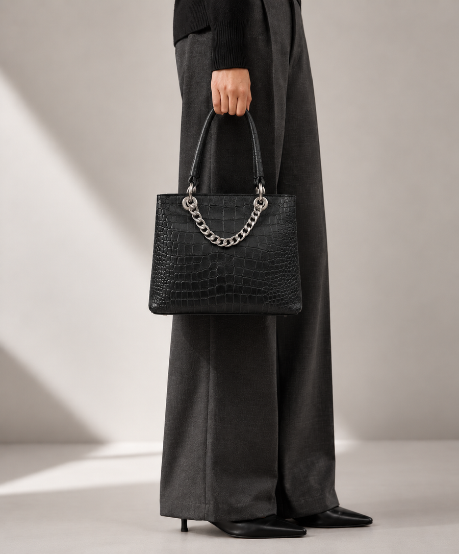 Women Black Croc Texture Handbag