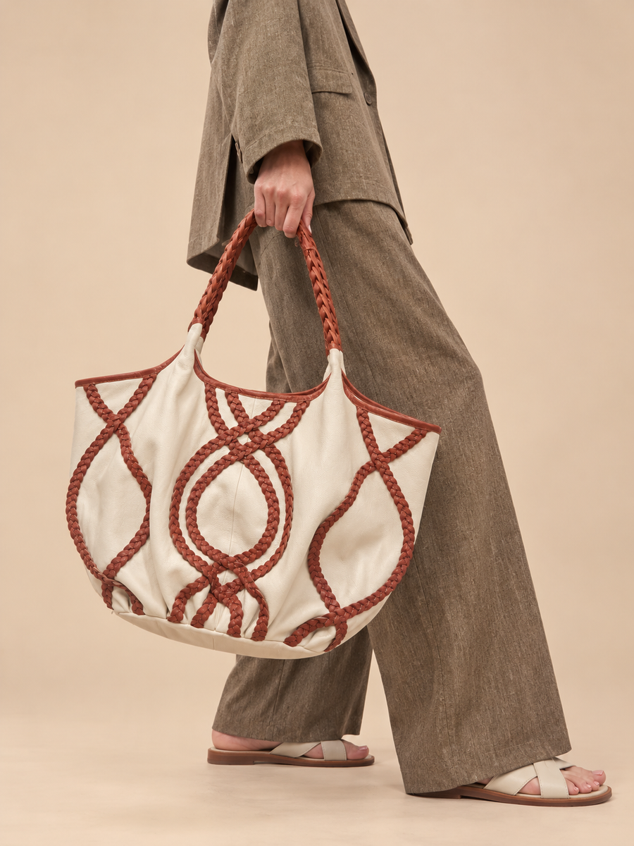 Braided Leather Tote Bag BROWN AND WHITE