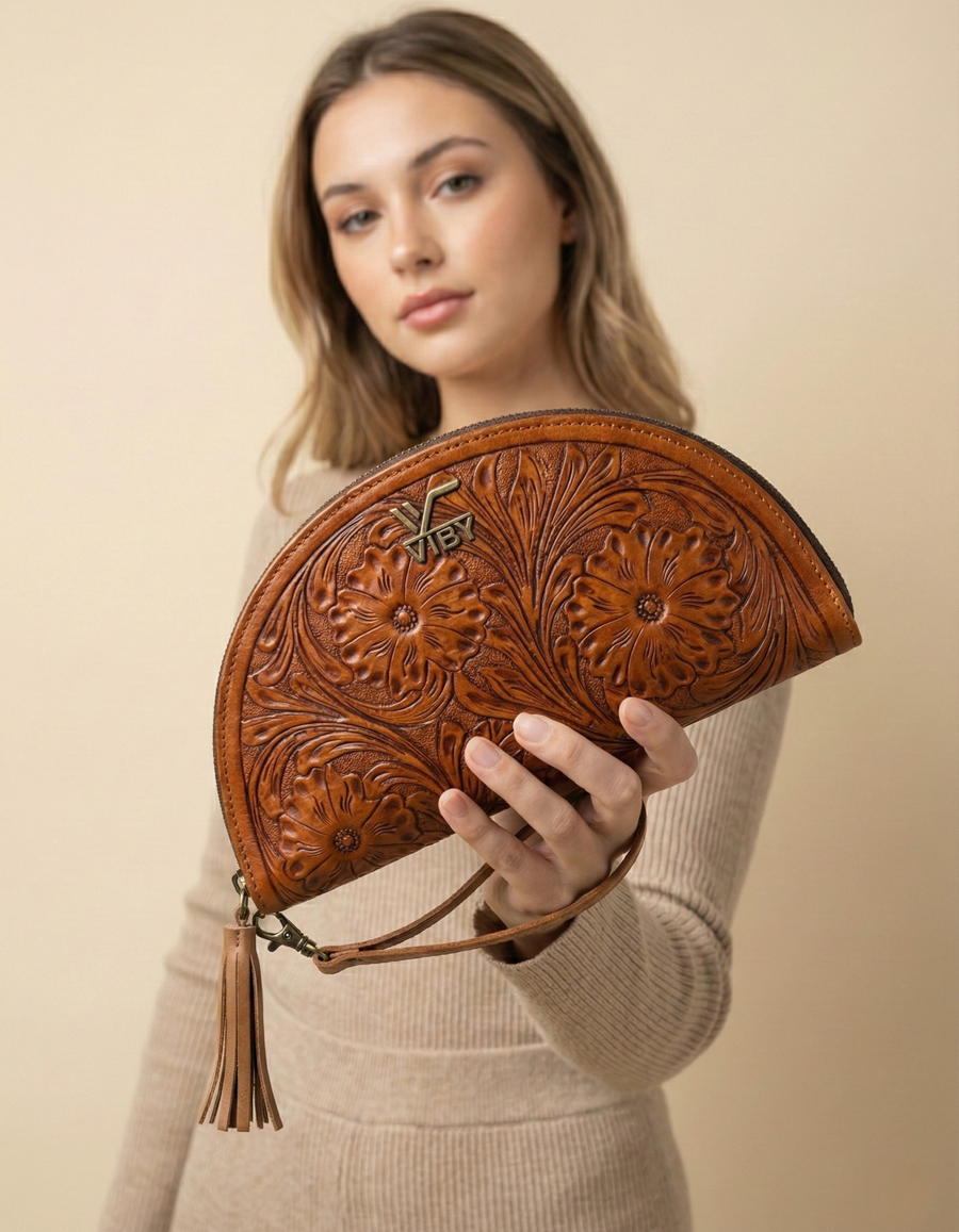 Handcrafted Tan Brown Tooled Leather Wristlet Clutch for Women