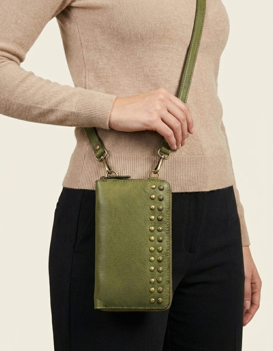 Women’s Olive Green Studded Leather Telephone Clutch Wallet