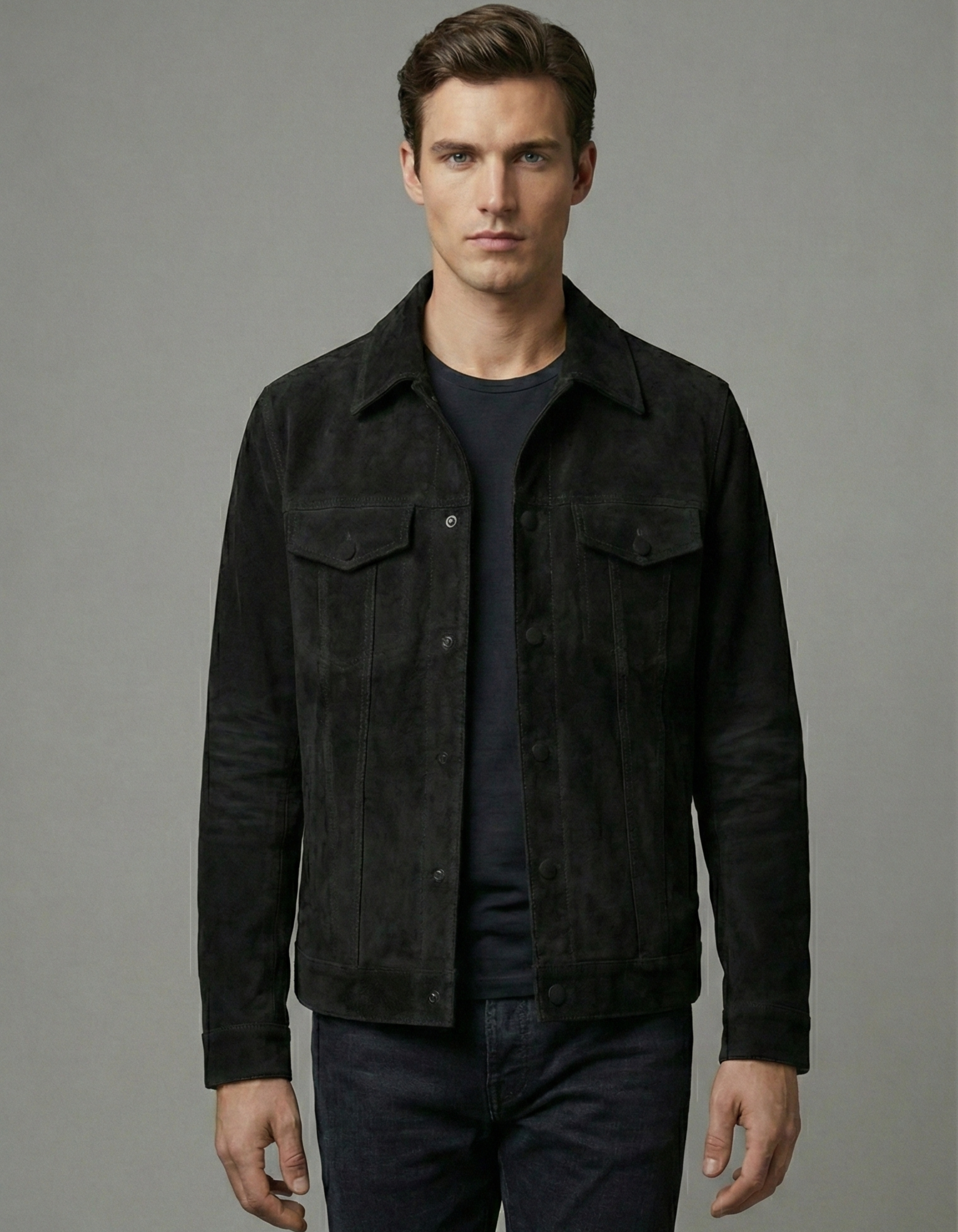 Men’s Black Leather Trucker Jacket – Classic Button Style