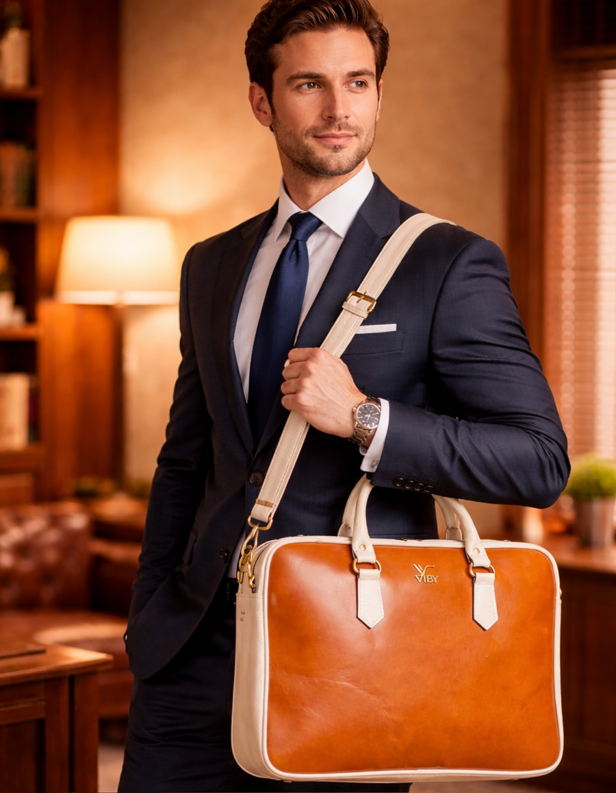 office mens bags brown and cream