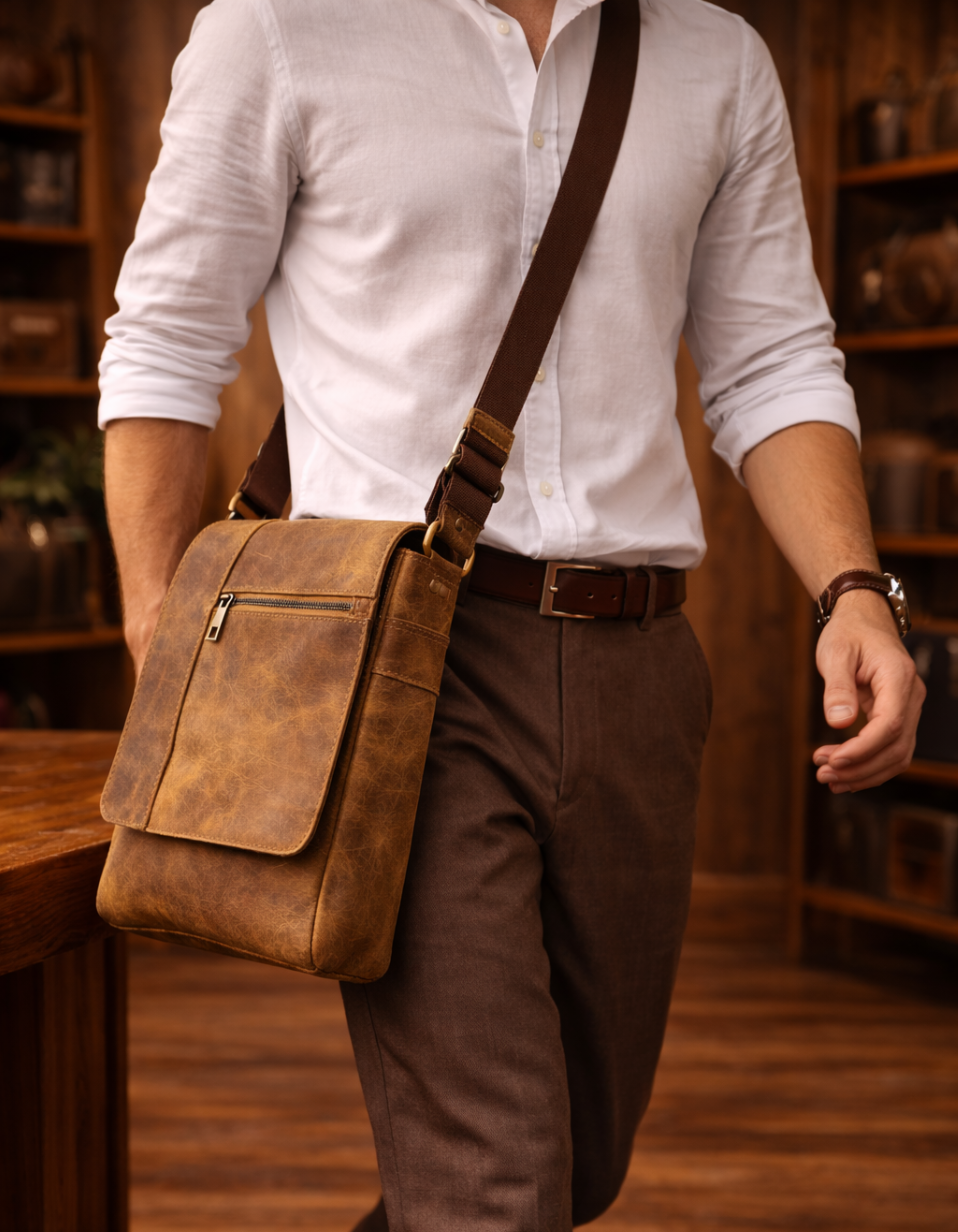 Classic Vintage Leather Sling Bag – Stylish Crossbody Travel Messenger Bag