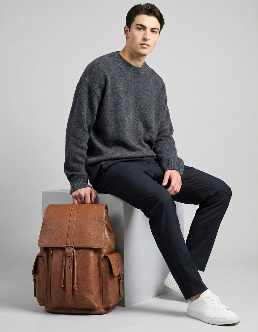 Tan Brown Genuine Leather Drawstring Backpack with Front Pockets