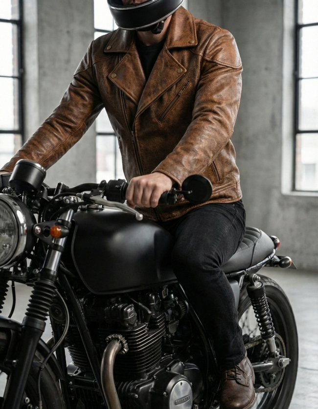 Men’s Genuine Leather Biker Jacket – Classic Brown Motorcycle Style Main Image