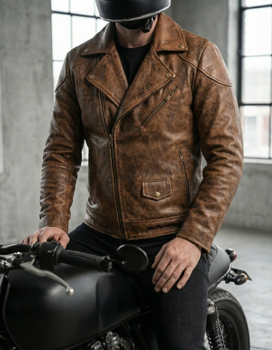 Men’s TOP Grained Leather Biker Jacket – Classic Brown NDM Leather Biker Jacket