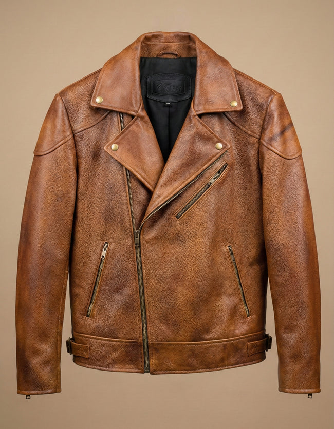 Men’s Genuine Leather Biker Jacket – Classic Brown Motorcycle Style Hover Image