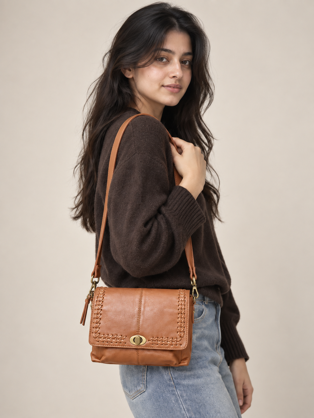 Brown Braided Sling Bag