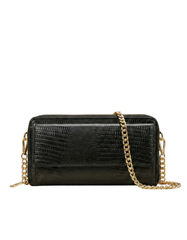 Women’s Black Croc-Embossed Leather Zip Wallet with Chain Strap