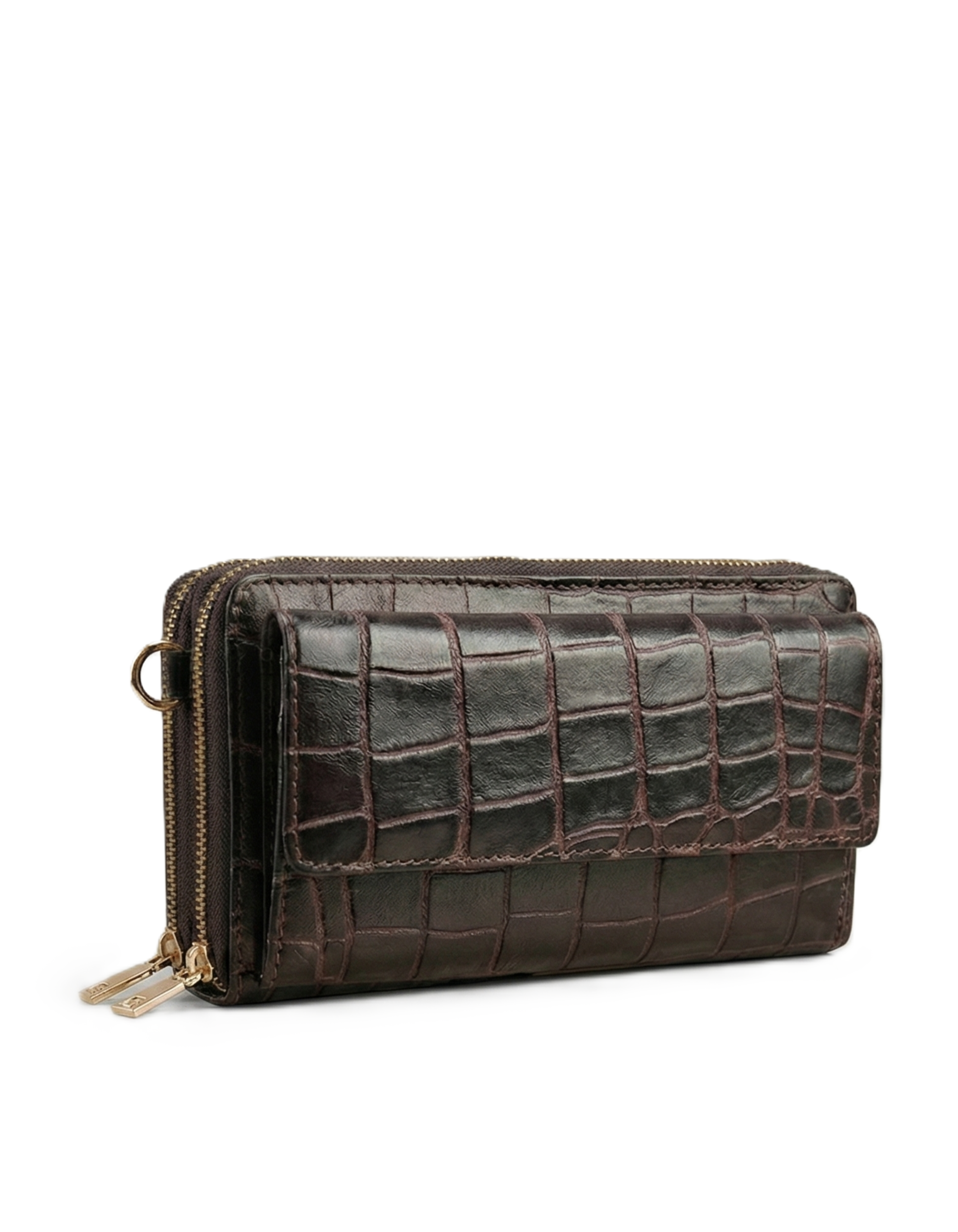 Women’s Dark Brown Croc-Embossed Leather Zip Wallet Clutch