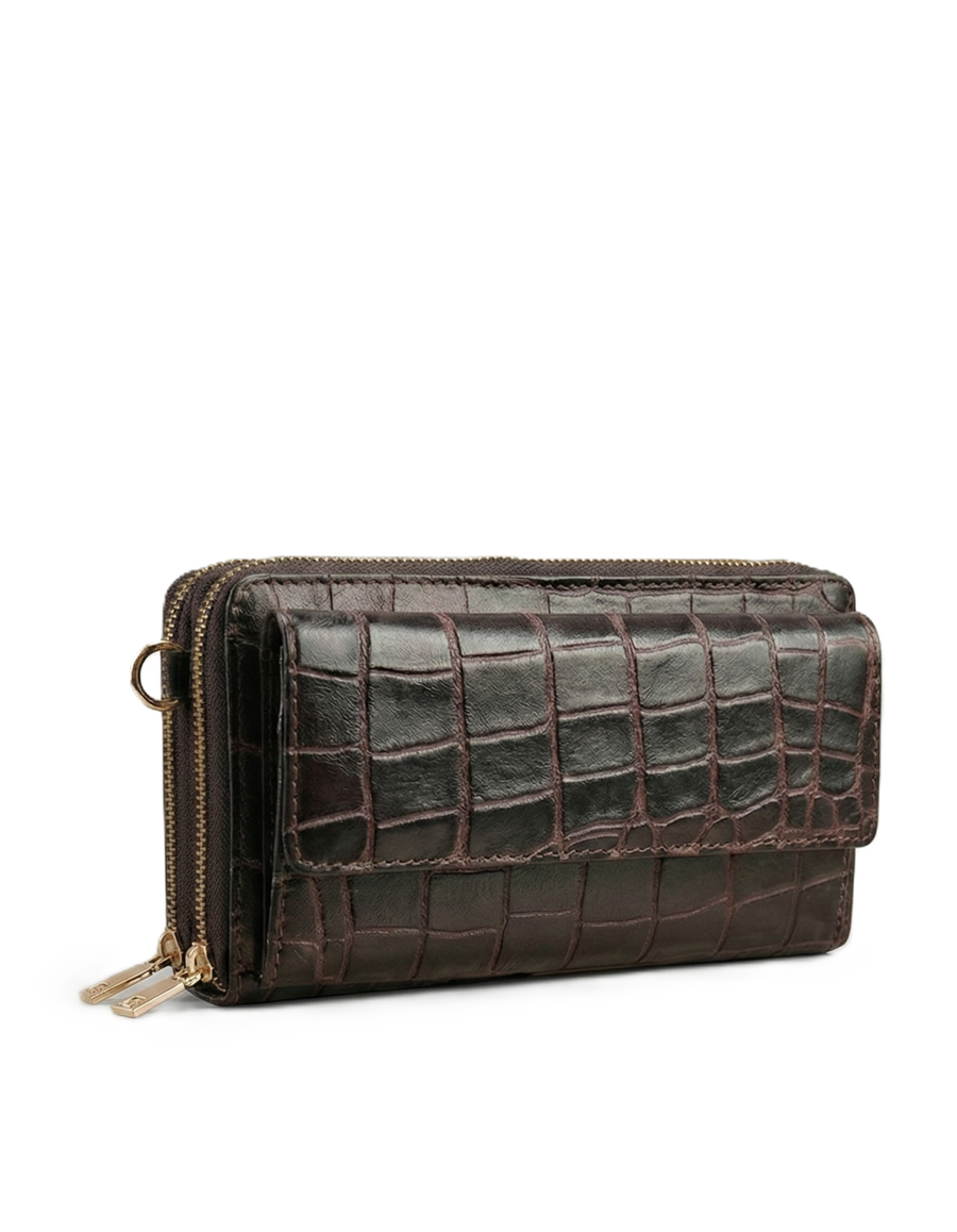 Women’s Dark Brown Croc-Embossed Leather Zip Wallet Clutch