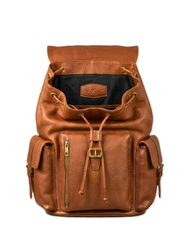 Tan Brown Genuine Leather Drawstring Backpack with Front Pockets